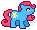 pixel sprite of a blue baby pony with a symbol of a teddy bear doing a handstand on her flank