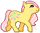 pixel sprite of a pale yellow pony with symbols of pink locks of hair on her flank
