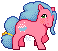 pixel sprite of a pink pony with a fluffy blue mane and tail and a bubble bath symbol on her flank