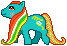 pixel sprite of a blue pony with a long multicoloured mane and tail and a brush and comb symbol on her flank