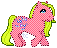 pixel sprite of a fuzzy pink pony with sunglasses symbols on her flank